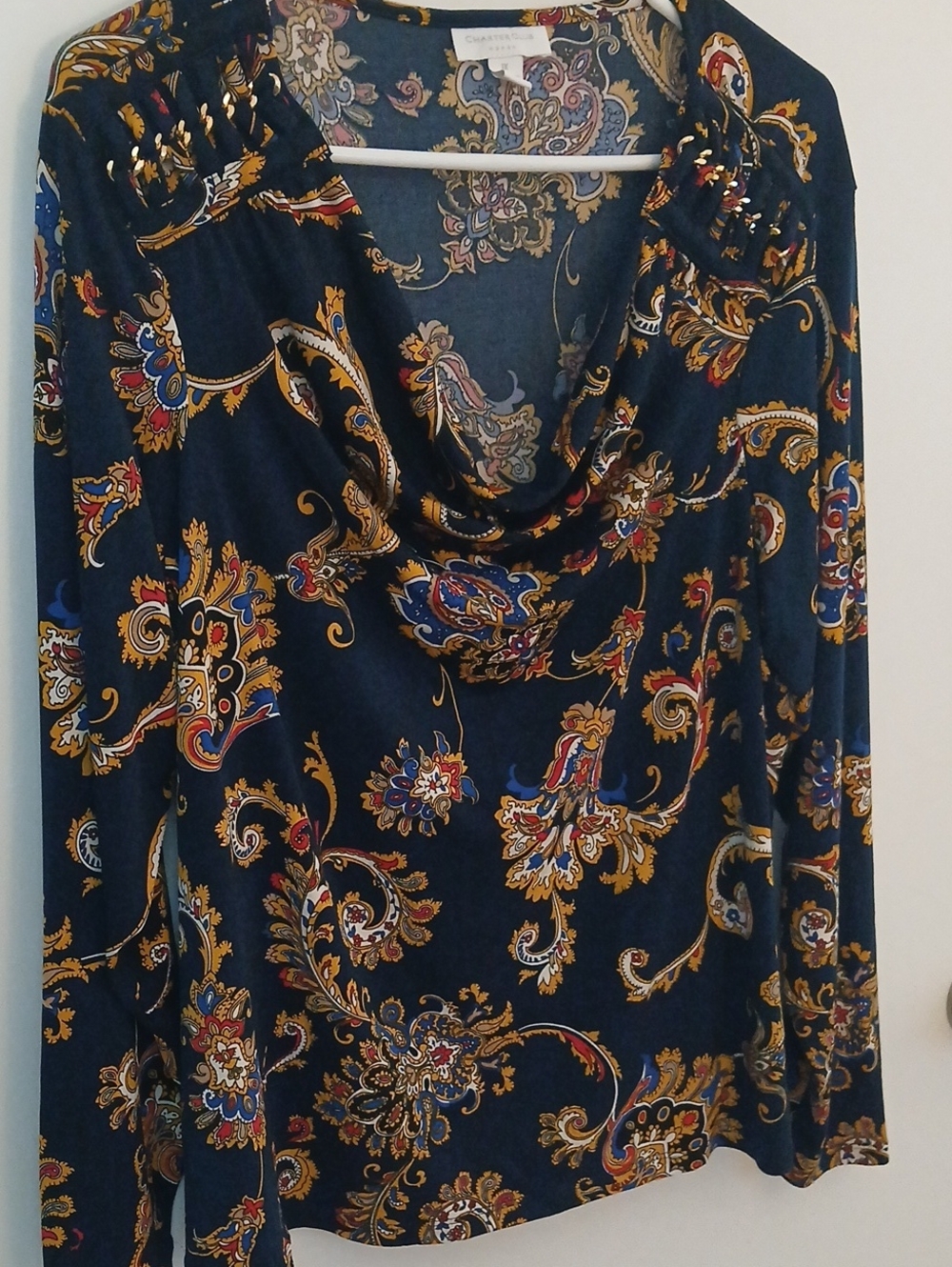 Charter Club Navy Paisley Print Top with Gold and Pink Accents